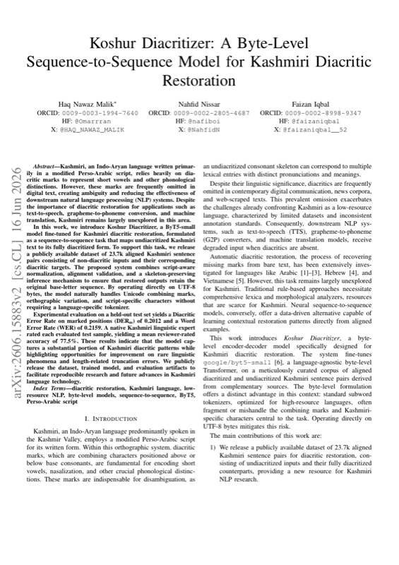 First page of 'Koshur Diacritizer: A Byte-Level Sequence-to-Sequence Model for Kashmiri Diacritic Restoration'