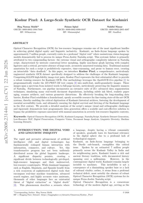 First page of 'Koshur Pixel: A Large-Scale Synthetic OCR Dataset for Kashmiri'