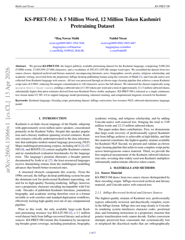 First page of 'KS-PRET-5M: A 5 Million Word, 12 Million Token Kashmiri Pretraining Corpus'
